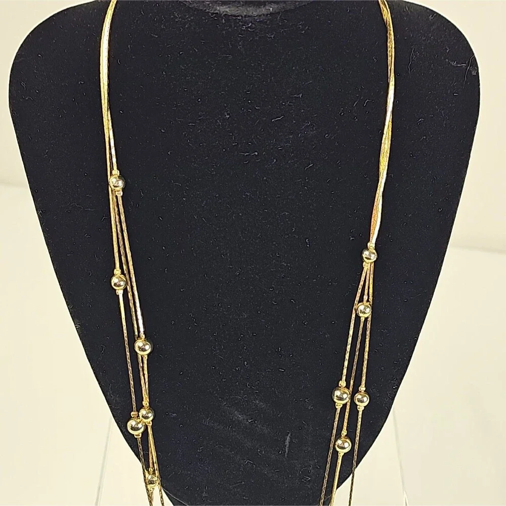 Vintage Gold Tone Multi Strand Ball Station Snake Chain Necklace 28